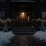 Haunted house entrance dominates snowy dusk with faint glow inside and holiday lights adding contrast