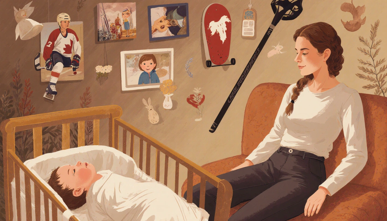 Lindsey Jacobellis sitting with newborn Ayla in a crib beside her with a hockey stick backdrop.