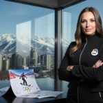 Lindsey Jacobellis standing in front of a studio with snow‑capped mountains and Milan skyline in the glass