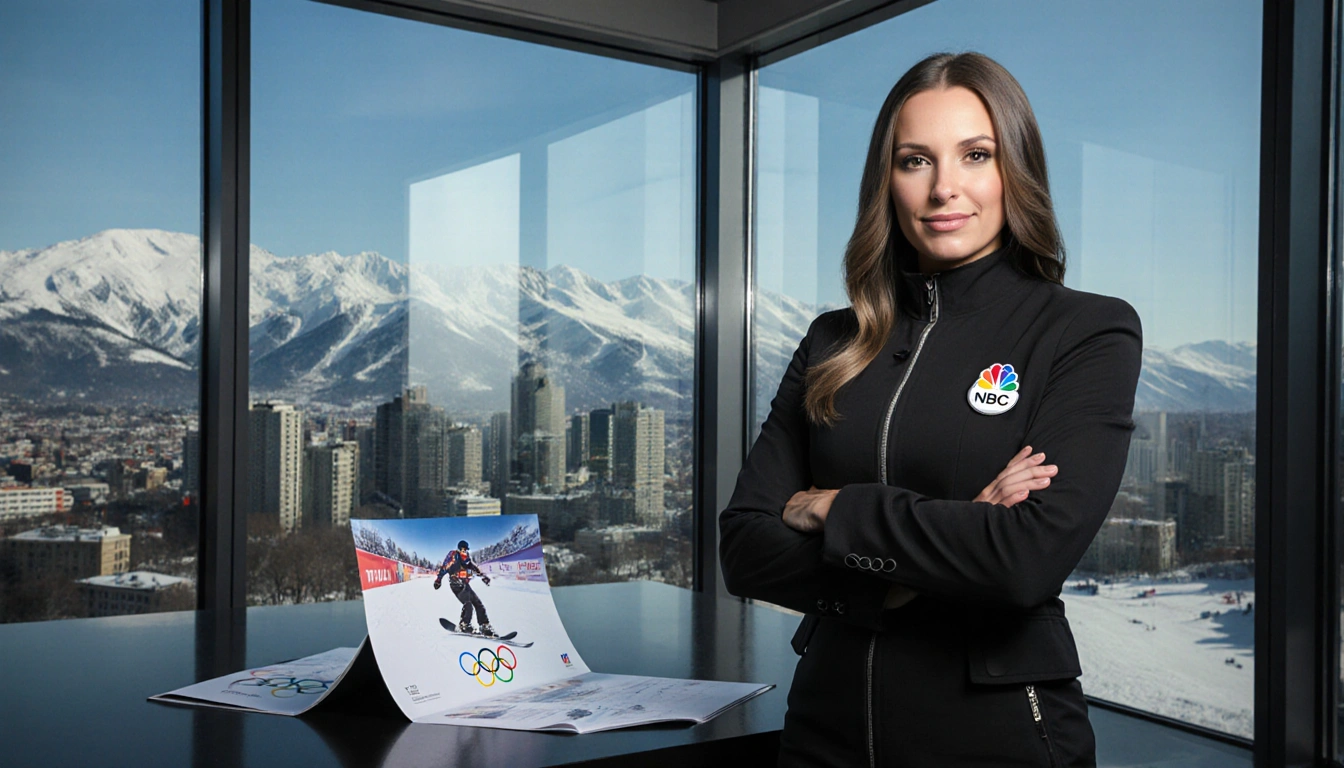 Lindsey Jacobellis standing in front of a studio with snow‑capped mountains and Milan skyline in the glass
