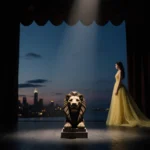 Young woman standing in yellow gown under spotlight with carved lion