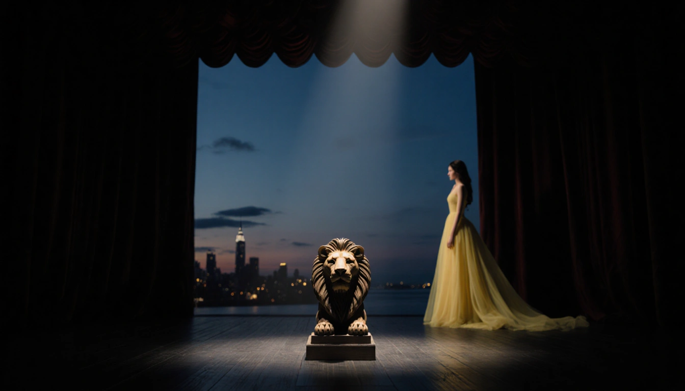 Young woman standing in yellow gown under spotlight with carved lion