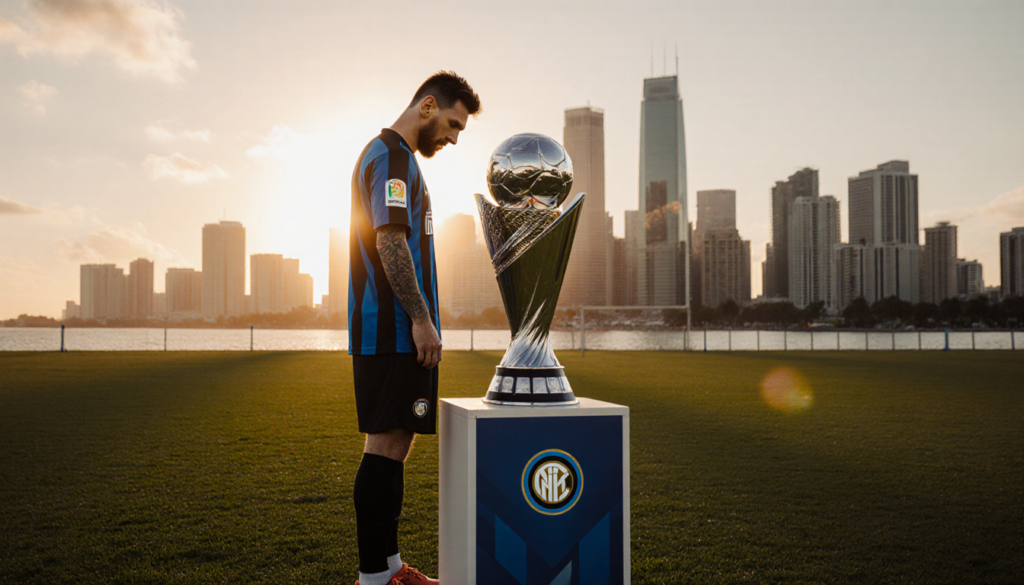 Lionel Messi standing alone at center field with Miami skyline reflected behind him at sunset and MLS trophy on pedestal.