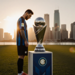 Lionel Messi standing alone at center field with Miami skyline reflected behind him at sunset and MLS trophy on pedestal.