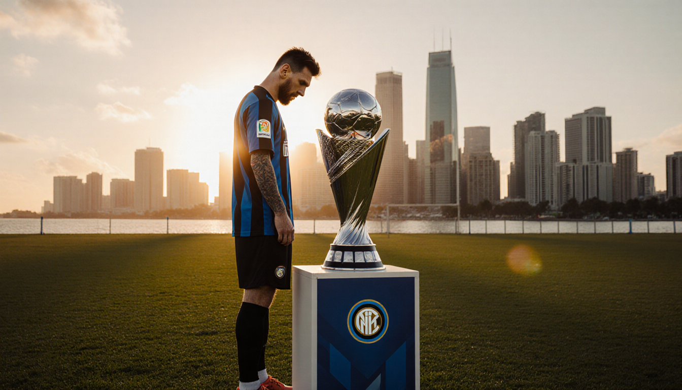 Lionel Messi standing alone at center field with Miami skyline reflected behind him at sunset and MLS trophy on pedestal.