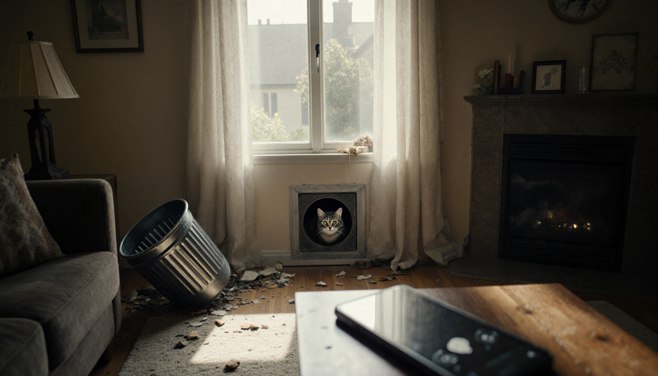 Overturned trash can lies on living room floor with cat eyes peeking from vent and a phone recording the scene