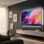LG Gallery TV glowing with vibrant artwork and warm natural light in a modern living room