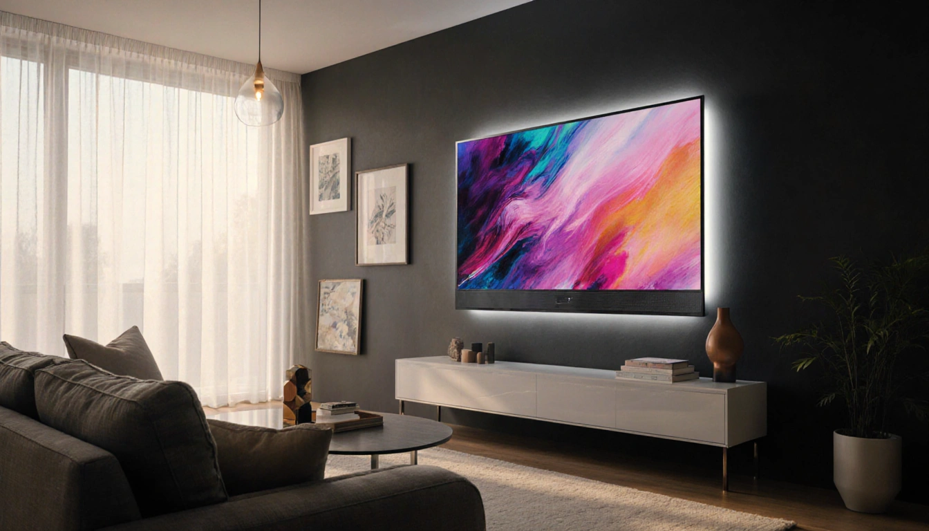 LG Gallery TV glowing with vibrant artwork and warm natural light in a modern living room