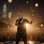 LL Cool J performing on stage with a crowd under golden sunset glow and Philadelphia skyline behind