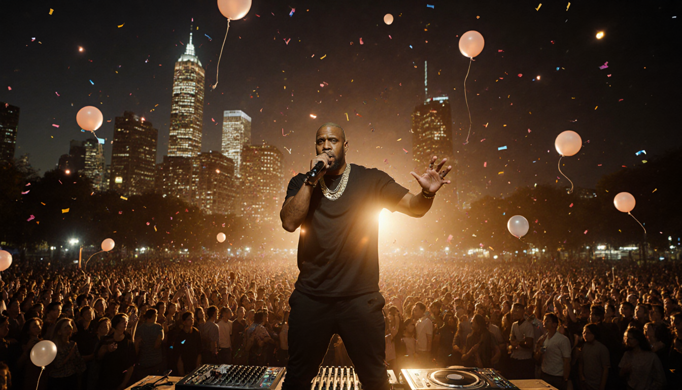 LL Cool J performing on stage with a crowd under golden sunset glow and Philadelphia skyline behind