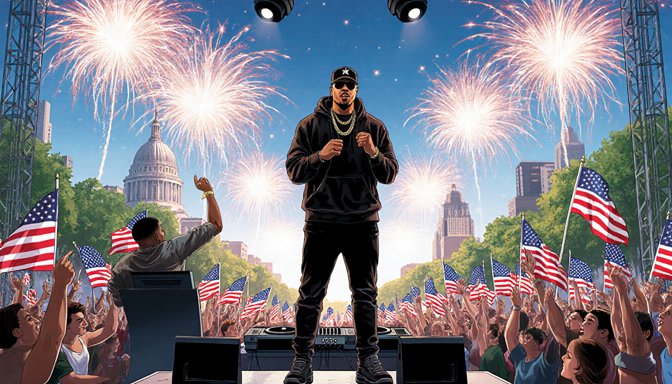 LL COOL J performing on Benjamin Franklin Parkway stage with cheering crowds and fireworks over Independence Hall