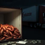 Cargo container revealing lobster stack with dim glow invoice shows $400k truck in shadow