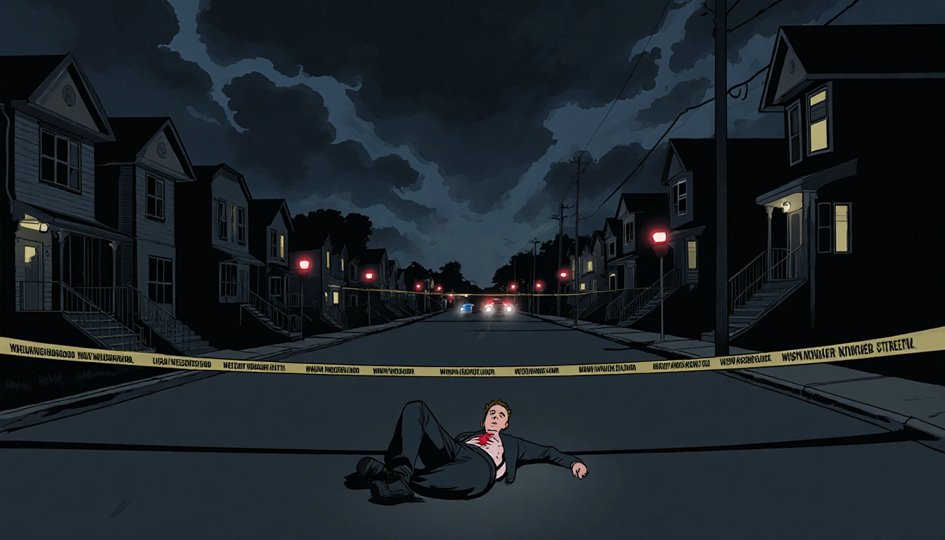 Young man lying on ground with chest wound surrounded by police tape and flashing lights against stormy sky