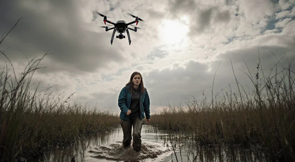 Woman trudging through knee‑deep marsh mud searching for a lost dog with determined expression and a hovering drone above.