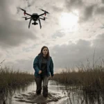 Woman trudging through knee‑deep marsh mud searching for a lost dog with determined expression and a hovering drone above.