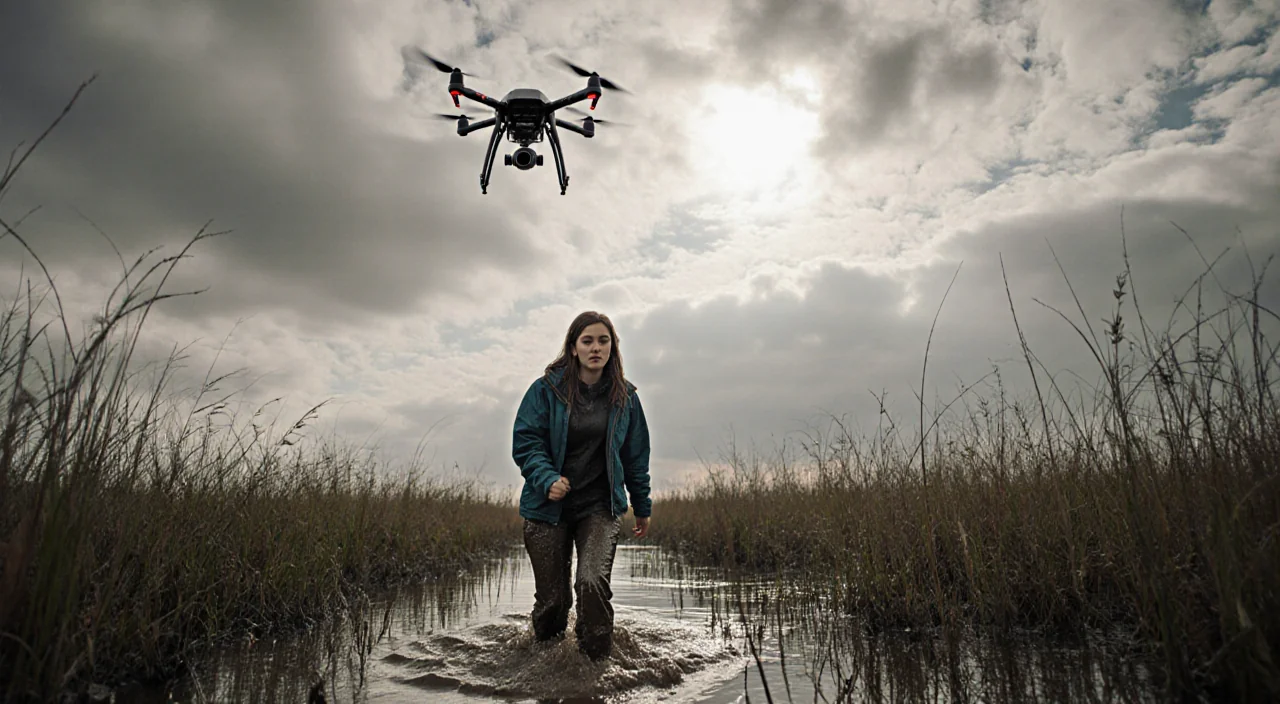 Woman trudging through knee‑deep marsh mud searching for a lost dog with determined expression and a hovering drone above.