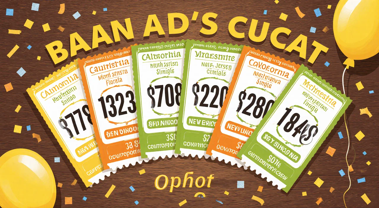Five numbered lottery tickets sit on a wooden table with bright confetti and orange balloons and bold state names for prizes.
