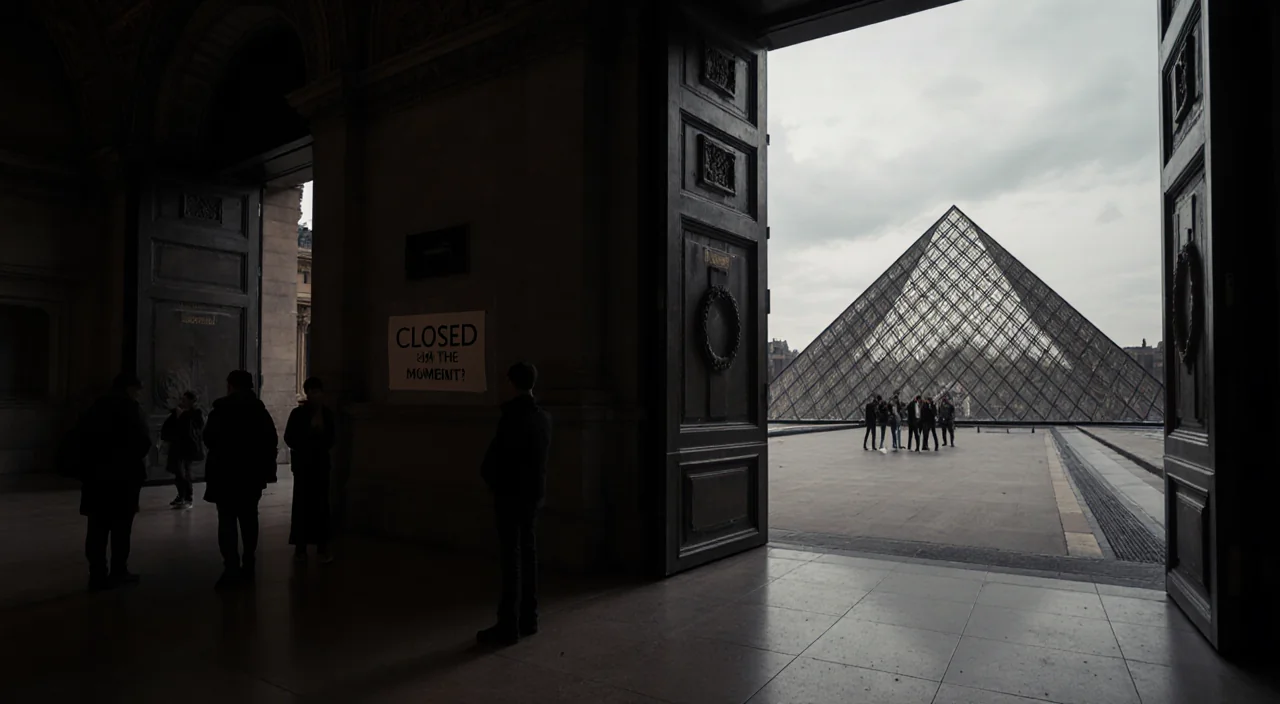 Tourists stand at the Louvre entrance with the glass pyramid and a sign saying Closed for the moment