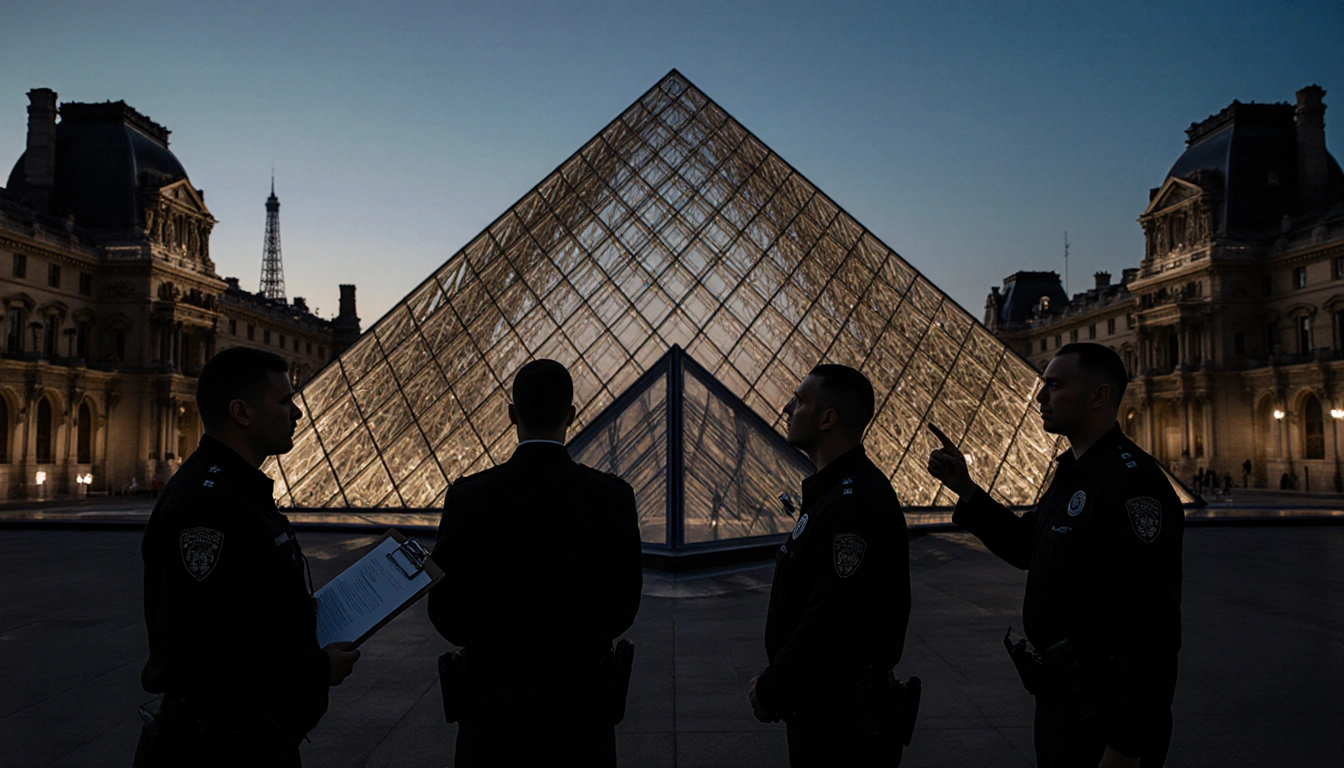 Security guards looking up at Louvre glass pyramid with clipboard and tense expression at dusk