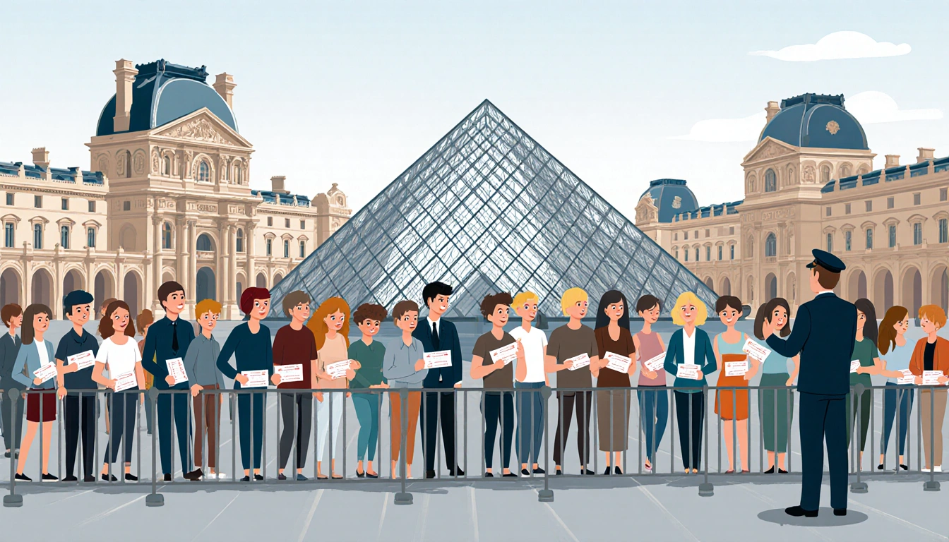 Visitors queueing outside Louvre with tickets and hesitant expressions behind barricade security staff observing safety