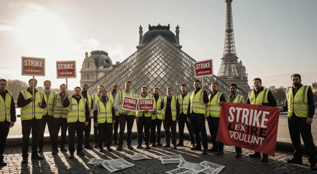 Louvre workers striking and holding picket signs with yellow vests near museum entrance and Eiffel Tower in background.