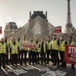 Louvre workers striking and holding picket signs with yellow vests near museum entrance and Eiffel Tower in background.