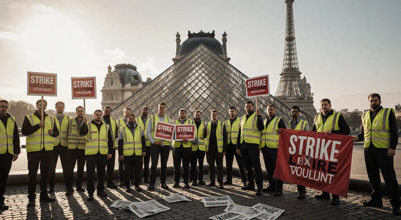 Louvre workers striking and holding picket signs with yellow vests near museum entrance and Eiffel Tower in background.