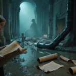 Conservator examines water-damaged scroll with emergency blue‑green light and burst pipe background at the Louvre