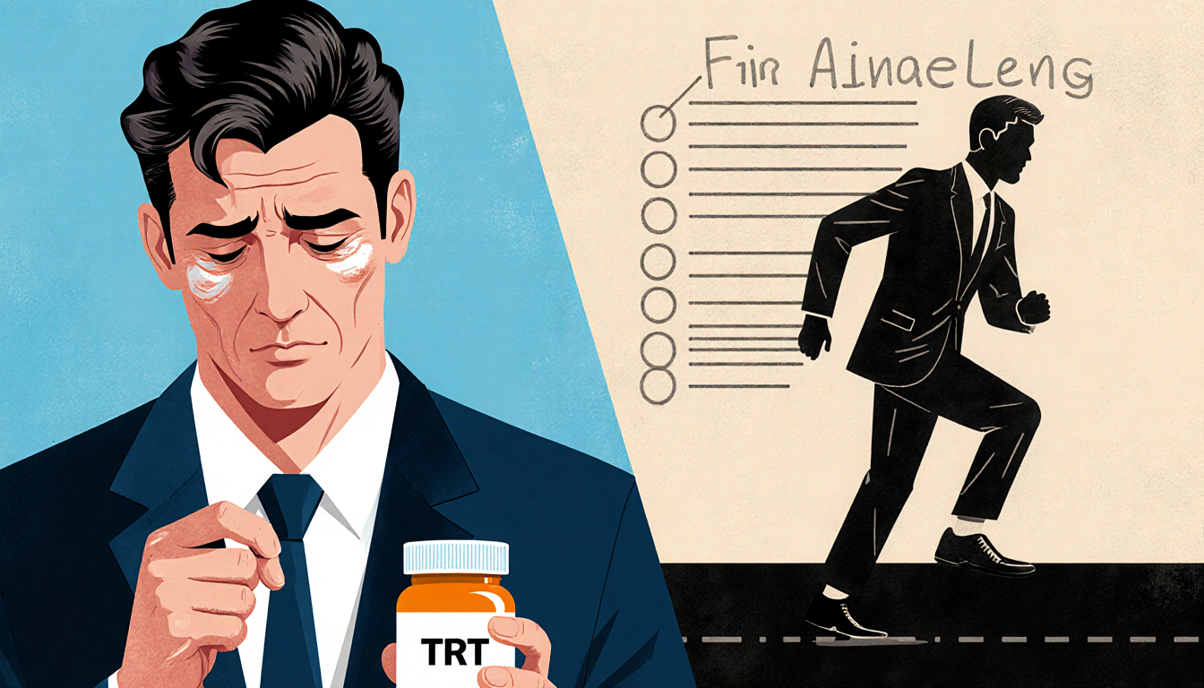 Man with low testosterone holds TRT bottle with worn suit beside healthy man walking in crisp outfit with faint FDA guideline