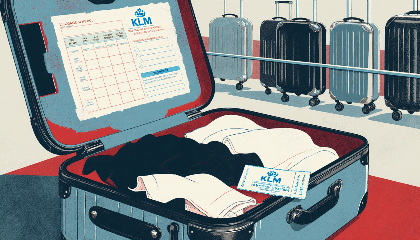 Single suitcase sits on bench partially open revealing clothes and a KLM ticket with a blurred carousel of suitcases behind