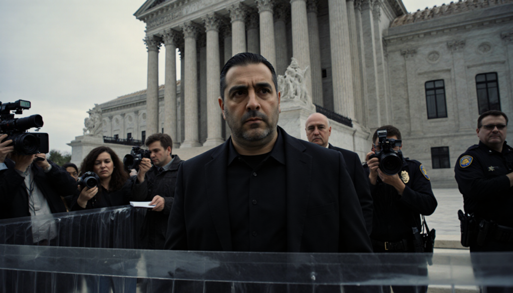 Luigi Mangione walking out of courthouse with officers and reporters behind plastic barrier.