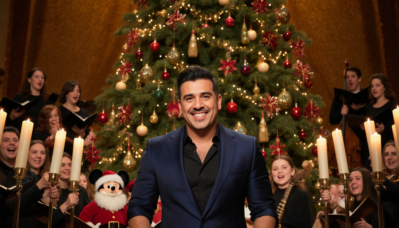 Luis Fonsi sings to guests with a sparkling Christmas tree and candles in the background.