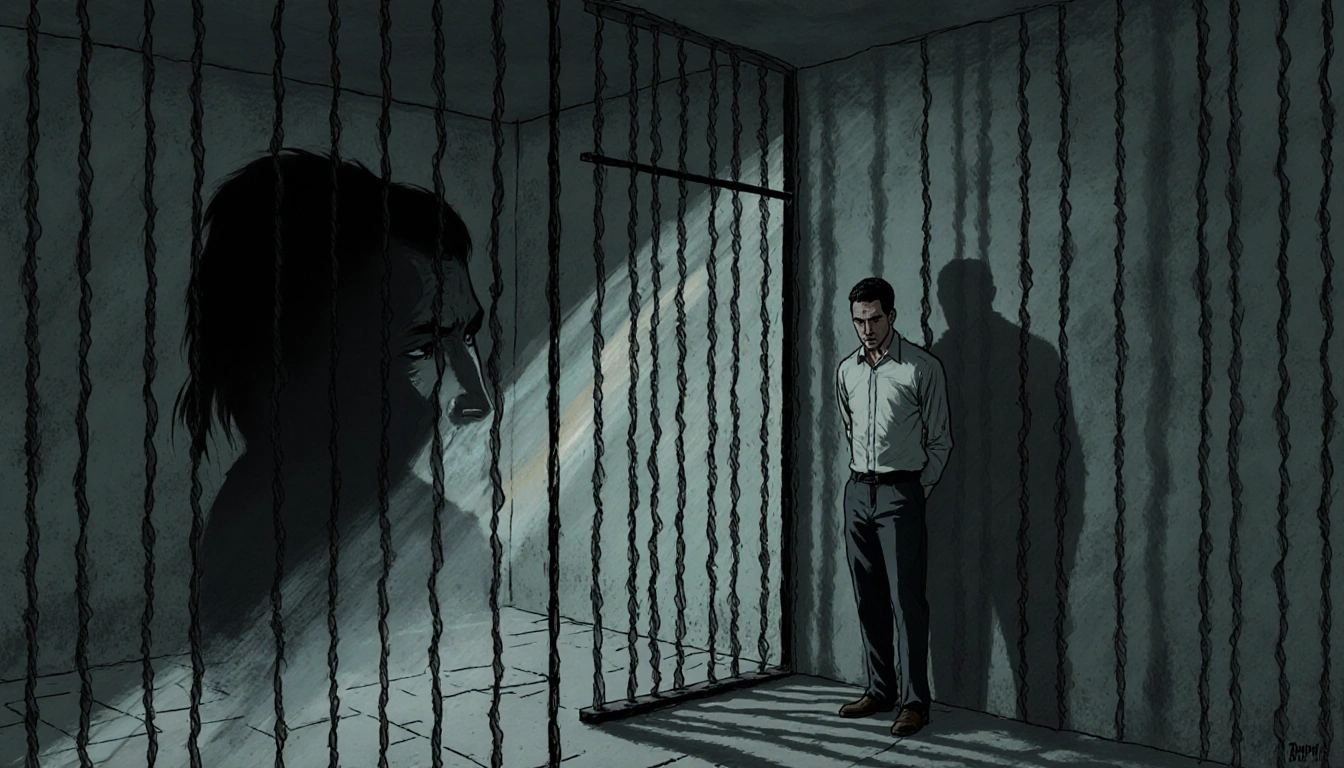 Luis Munoz Pinto standing before a dim prison cell with twisted metal bars and a looming shadow.