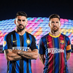Luis Suárez stands with Lionel Messi near a modern Inter Miami stadium and the Miami skyline