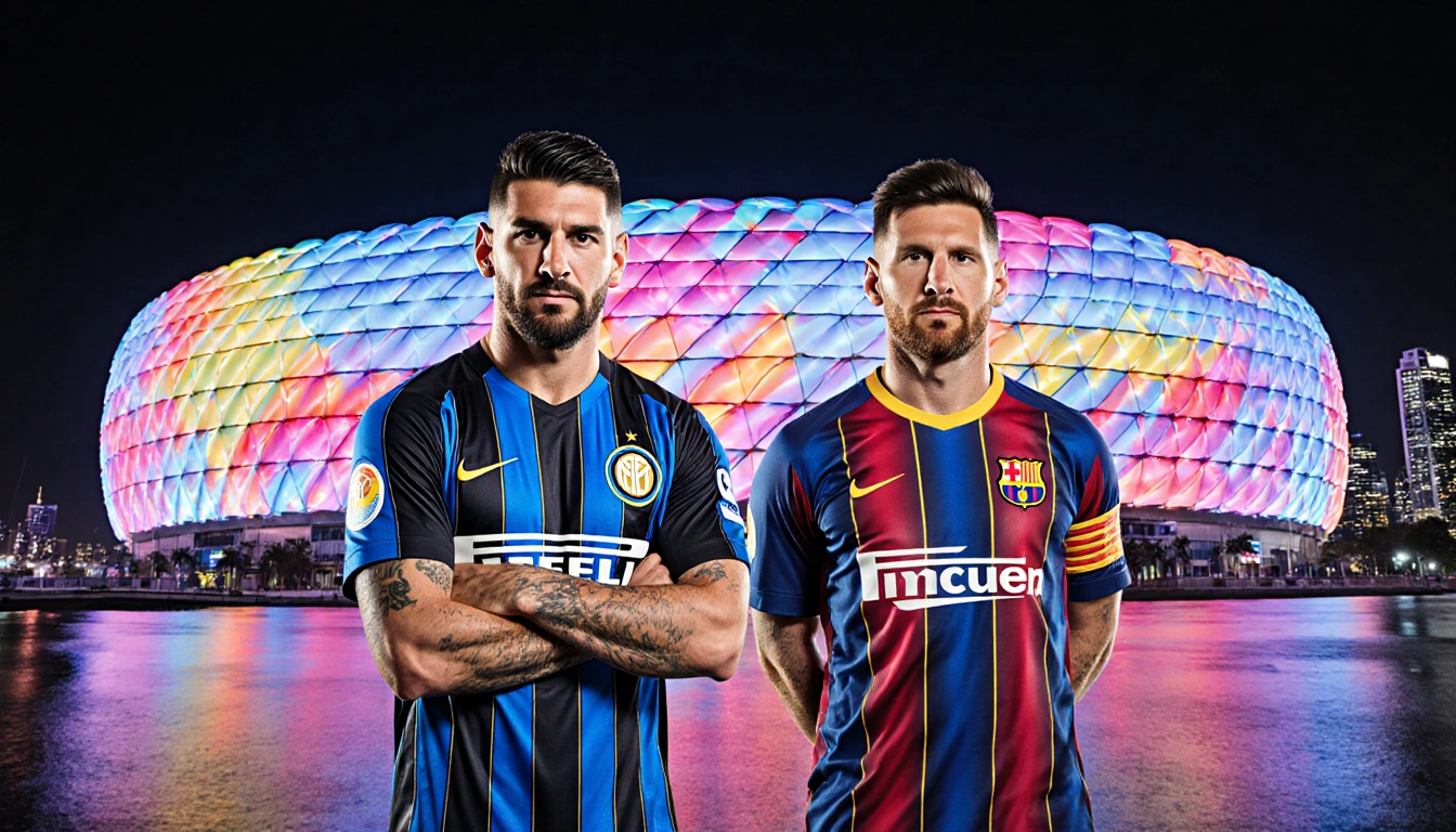 Luis Suárez stands with Lionel Messi near a modern Inter Miami stadium and the Miami skyline