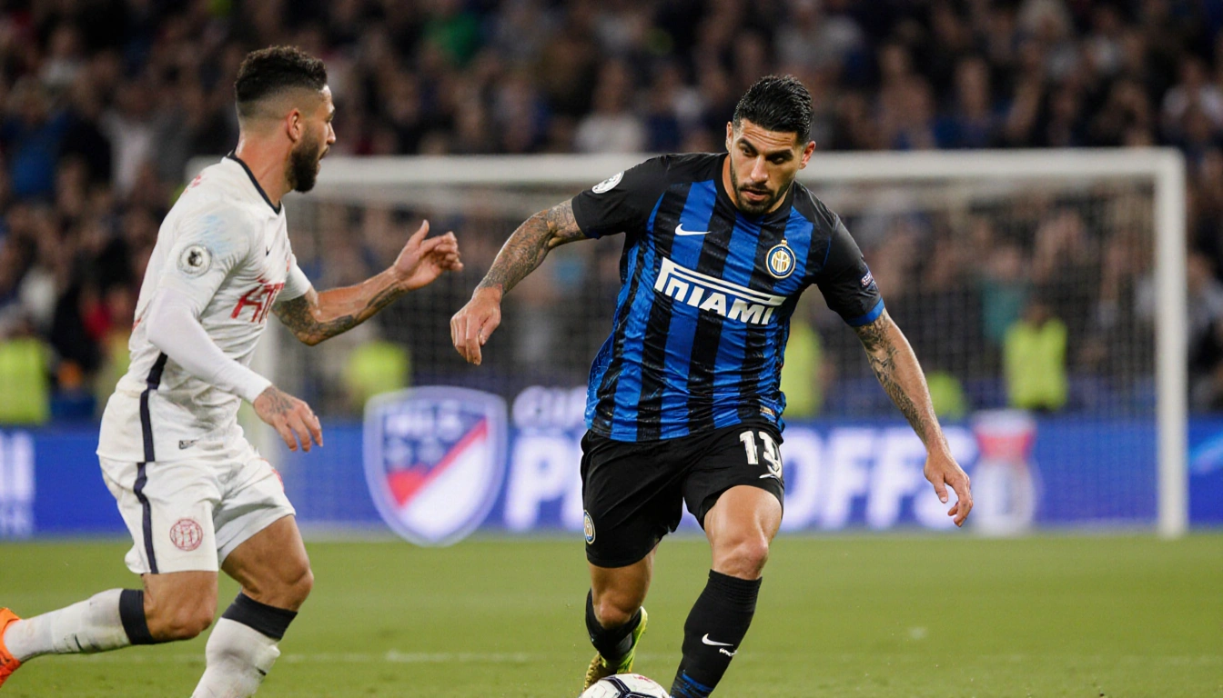 Luis Suárez dribbling past a defender with Inter Miami jersey and a determined expression blurred MLS Cup logo in background