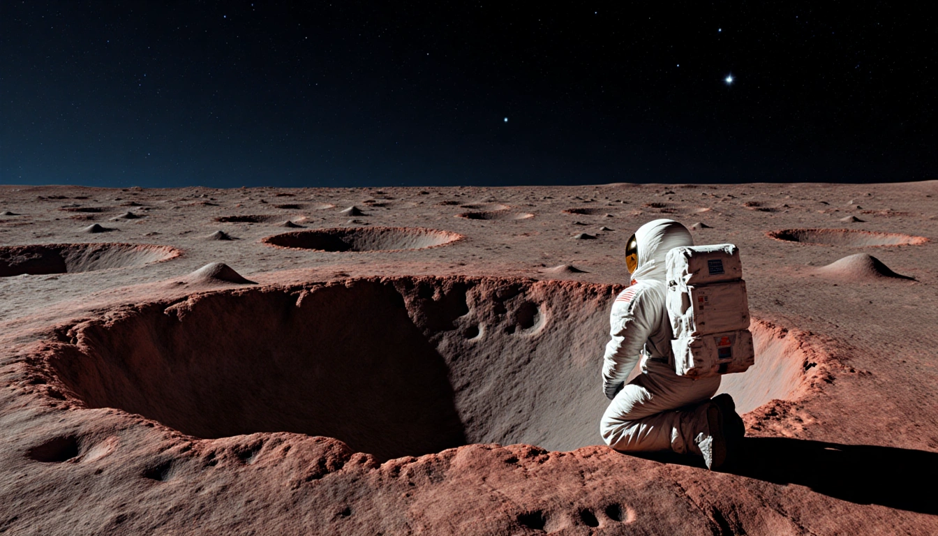 Astronaut kneels beside a large lunar crater with rust-red surface and indigo starry sky