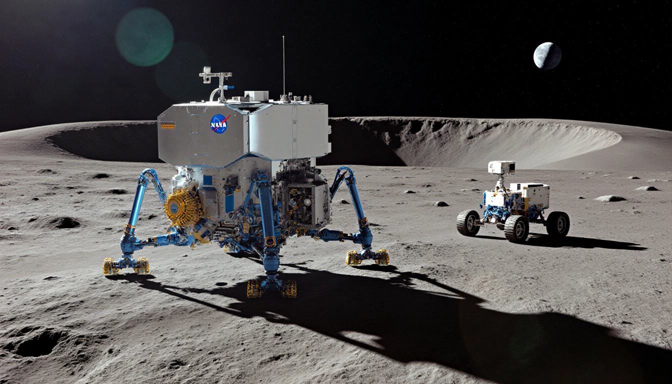 Robotic lunar lander standing tall with shadow stretching into crater and a rover approaching with NASA logo