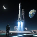 Astronaut gazing at towering Starship V3 with blue engines illuminated by neon launchpad lights and distant Earth in the sky.