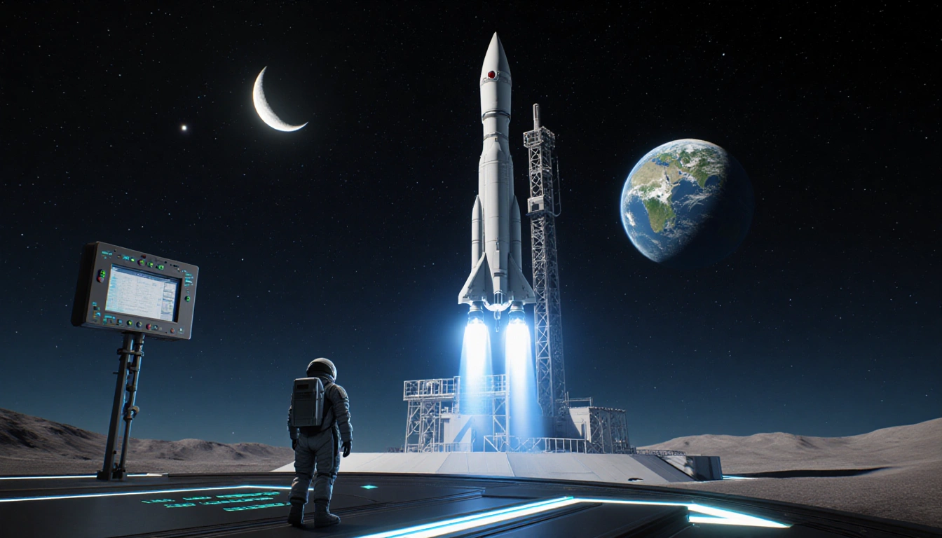 Astronaut gazing at towering Starship V3 with blue engines illuminated by neon launchpad lights and distant Earth in the sky.