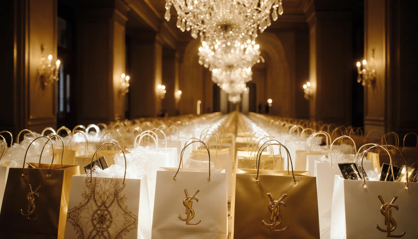 Luxurious gift bags line a dim hallway with gold accents and crystal chandeliers.