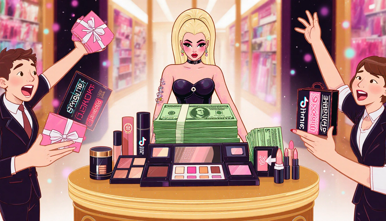 Fans cheering around a makeup counter with Jeffree Star products and $50,000 cash in a blurred upscale shopping backdrop.