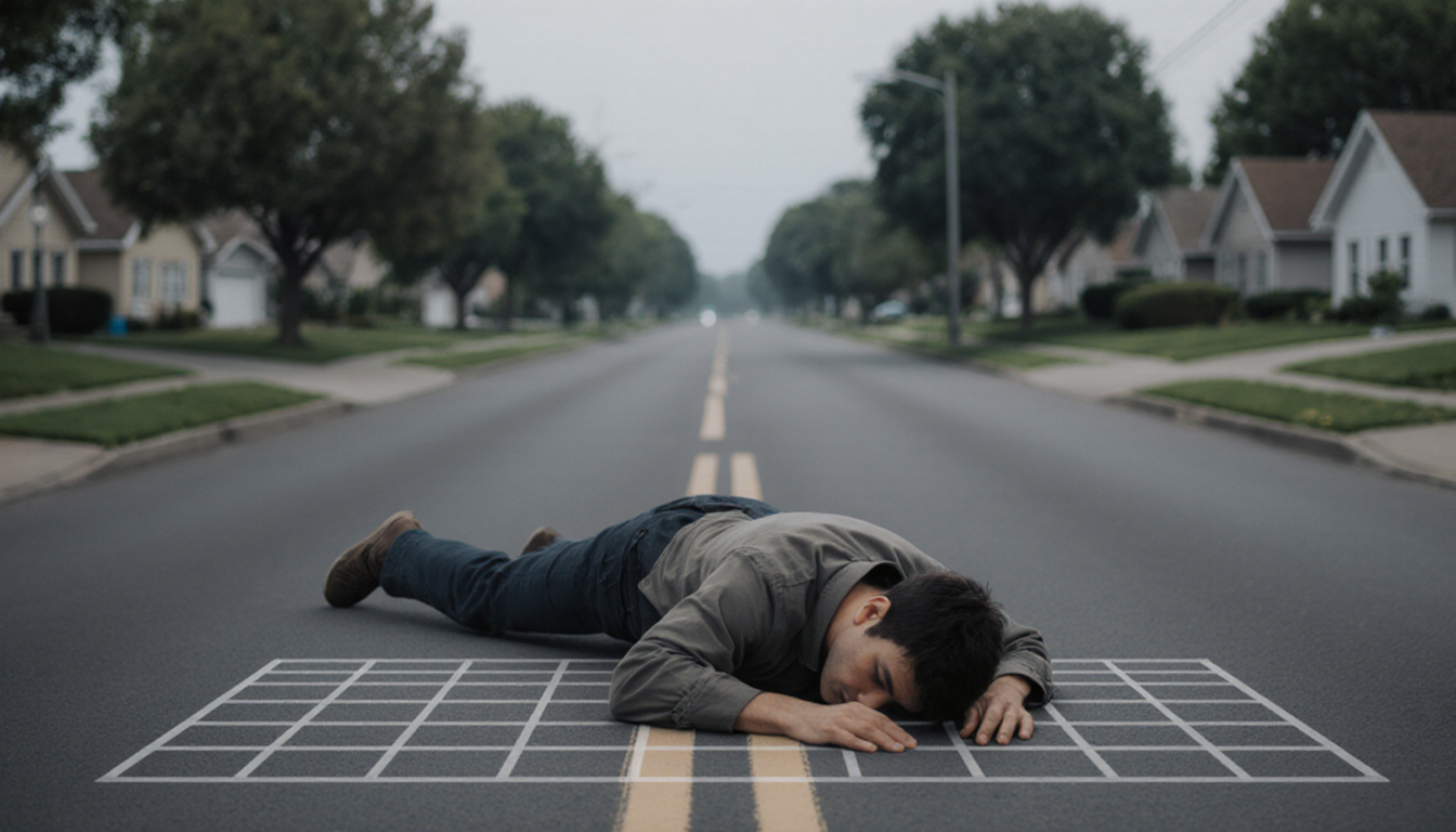 Person lying face down on road with blurred suburban street background and faint grid pattern.