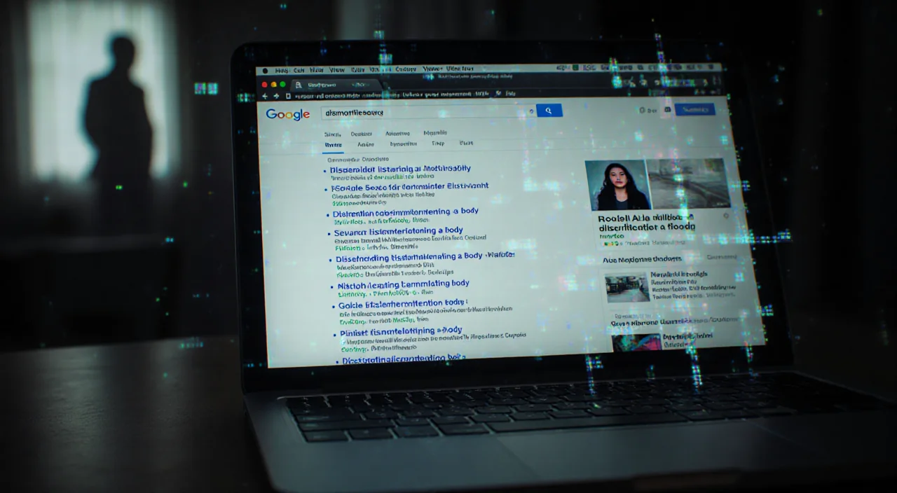 Laptop screen showing Google history with surveillance grid overlay and outline of missing person