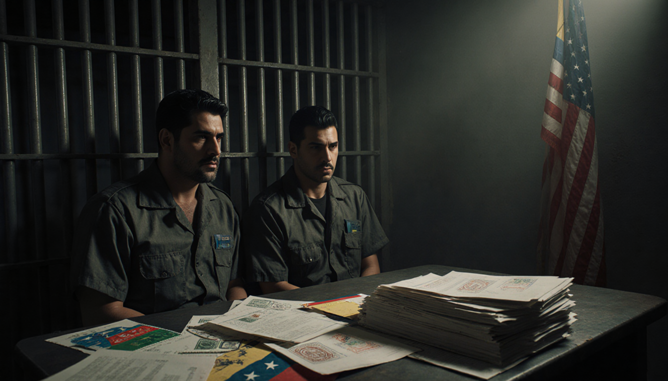 Two handcuffed men in prison uniforms sit with Venezuelan documents on a table and an American flag in the corner.