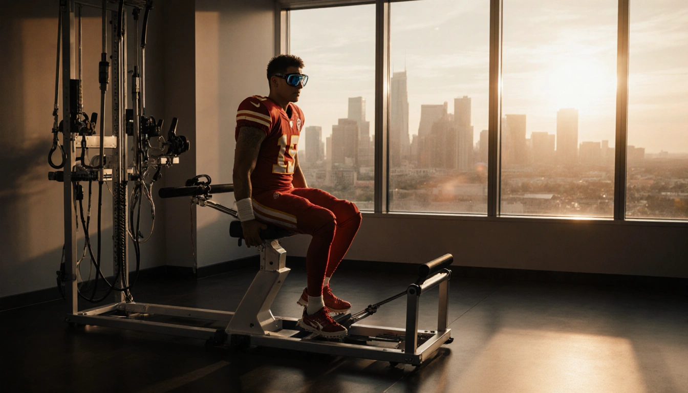 Patrick Mahomes recovering with a custom knee machine and a sunset view of the Kansas City skyline