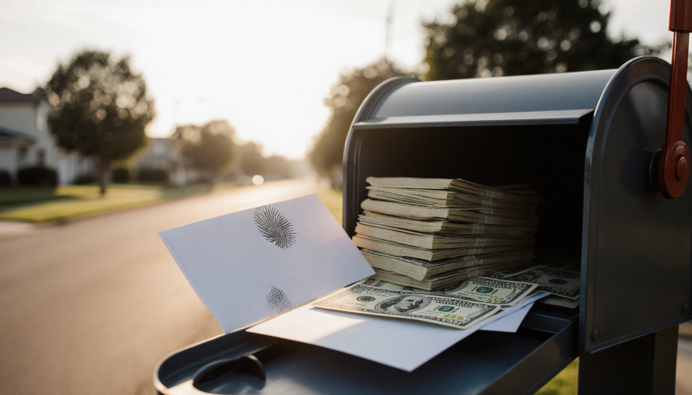 Mailbox revealing a stack of cash with morning light through slot and fingerprints on handle in quiet suburban street