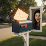 Homeowner looks surprised at glowing envelope inside mailbox with morning light on suburban street