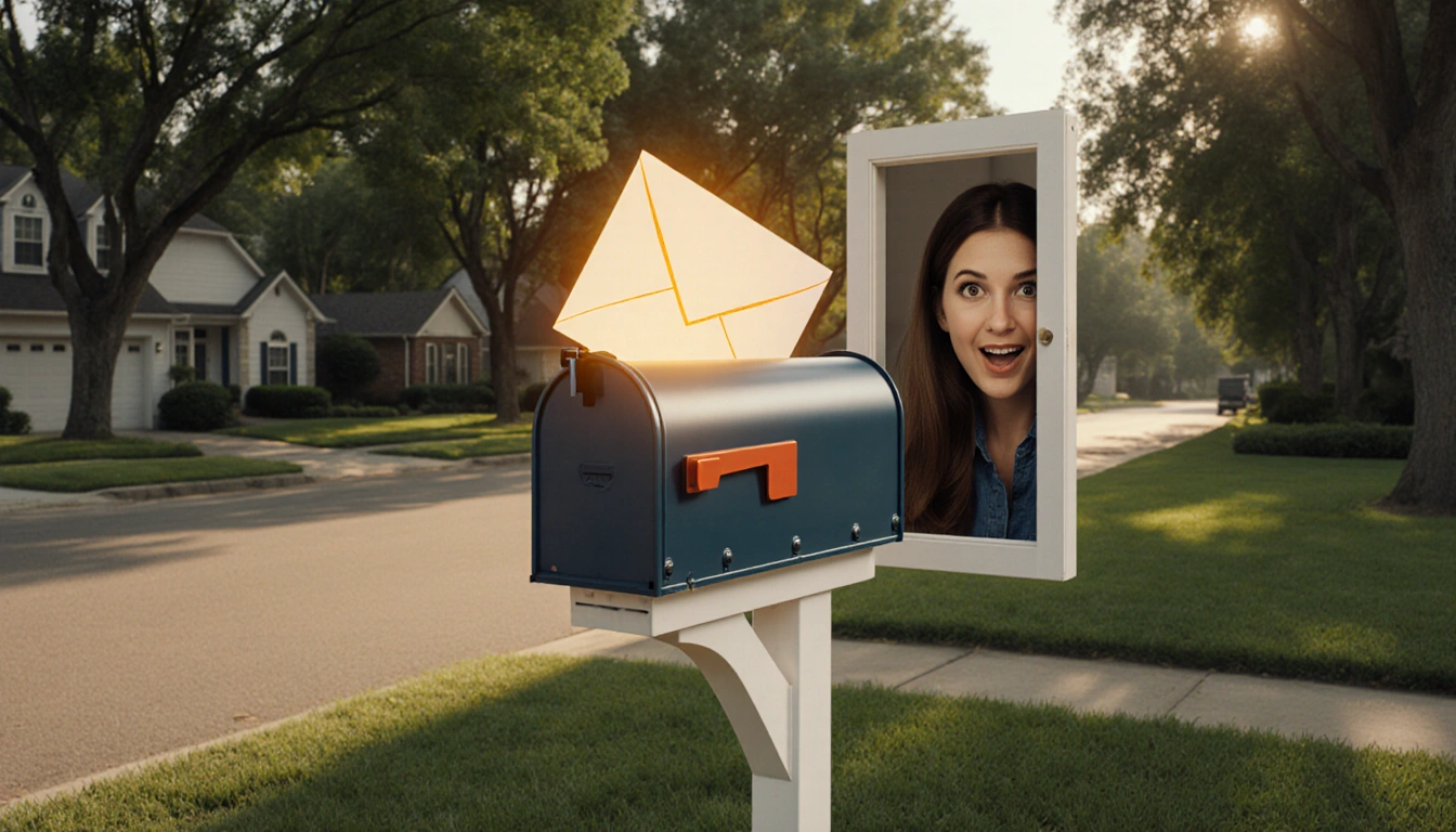 Homeowner looks surprised at glowing envelope inside mailbox with morning light on suburban street