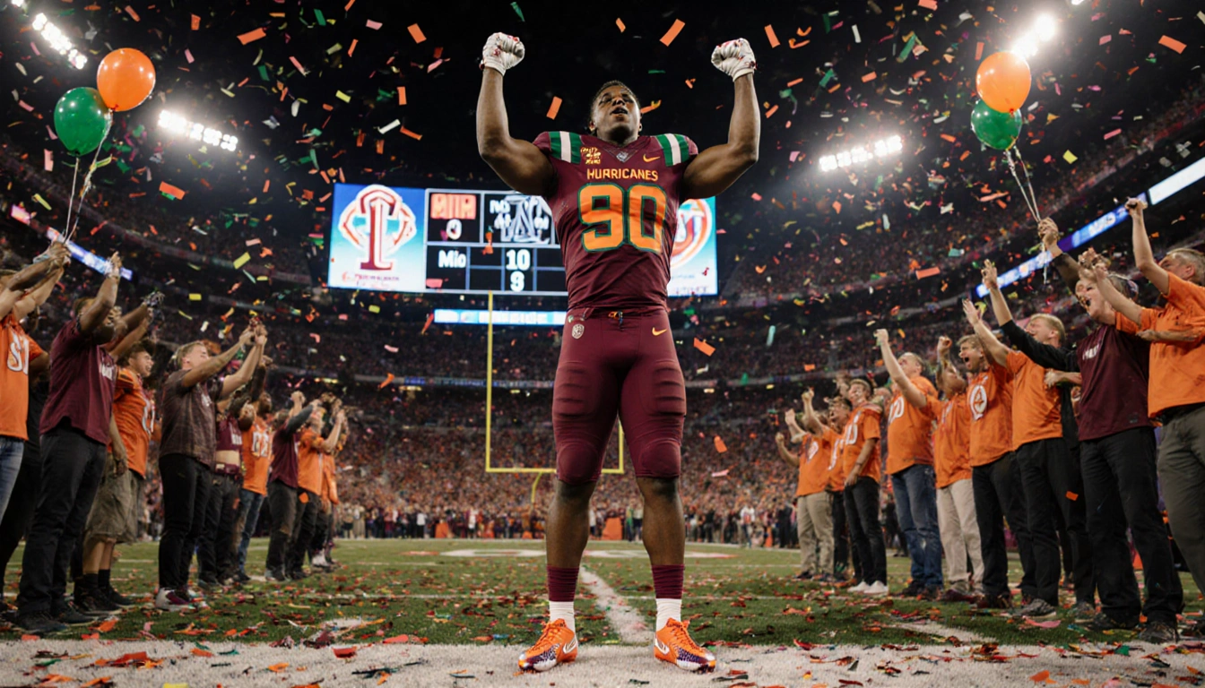 Malachi Toney stands triumphantly in the end zone with confetti and balloons while Miami fans in burnt orange cheer.